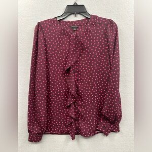 Ann Taylor Ruffled Blouse Top Women's Sz XS‎ Burgundy Pink Polka Dot Long Sleeve